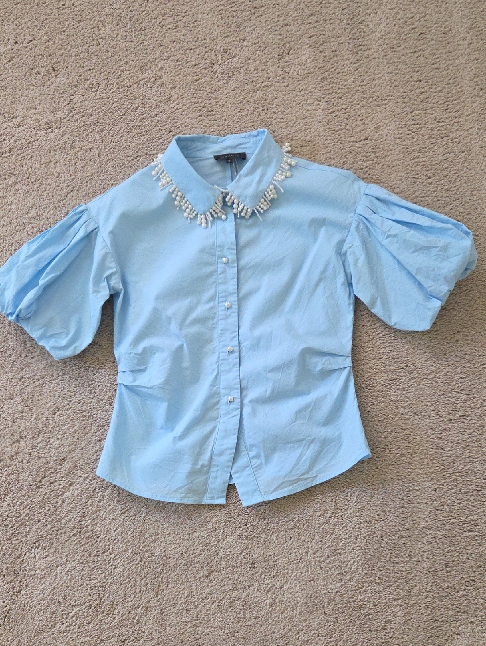 Gracia Light Blue Pearl-Embellished Puff Sleeve Button-Up Top